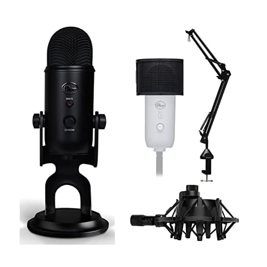 Blue Microphones Yeti USB Microphone (Blackout) Bundle with Shock Mount, Desktop Boom Arm Microphone Stand, Pop Filter for Use with Recording, Podcasting, and Streaming Microphones (4 Items)