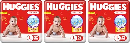 Image of Huggies Dry Tape | Adjustable Tape Style Unisex Diapers, Large (L) Size (9-14 Kgs), Pack of 156 | Up To 2X Faster Absorption, Up To 12 Hours Overnight Absorption