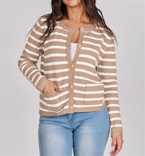 Women's Striped Cardigan Sweater Open Front Gold Button Down Cropped Knit Long Sleeve Crewneck Lady Jackets Coat4