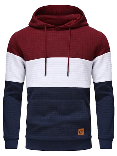 YuKaiChen Sudadera con capucha para hombre, con bloques de color, manga larga, casual, con bolsillos tipo canguro, Winered White Navyblue, L