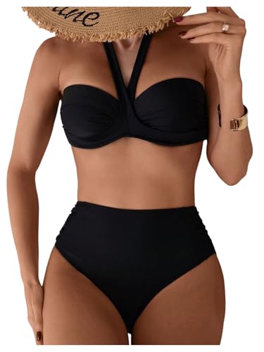 MakeMeChic Women's Bikini Sets Criss Cross Ruched Halter High Waisted Bathing Suit