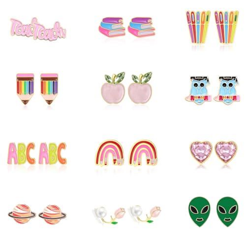 12 Pairs Teacher Stud Earrings for Women Back to School Earrings for Teens Girls Hypoallergenic Pencil Apple Book Earrings for Student Graduation Jewelry