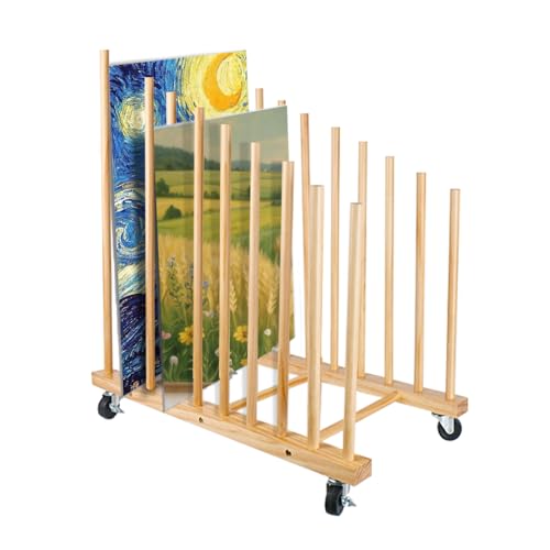 Julymoda Art Storage Rack with Caster Wheels, 9 Section Wooden Art Drying Rack for Frames, Drawing Board, Canvas, Printed Matters, Paper Pad Suitable for Studio, Gallery, Artwork Exhibition