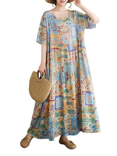 TLYZTLY Women Summer Midi Dress Oversize Boho Casual Flowy Dresses Short Sleeve Abstract Geometric Floral Patchwork Print Yellow