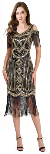 Image of Women Flapper Dresses 1920s V Neck Beaded Fringed Great Gatsby Club & Night Out Dresses
