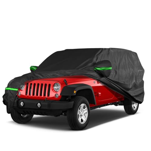 Image of Car Cover for Jeep Wrangler 4 Door (1987-2025) JK JL CJ YJ TJ, Waterproof All Weather Car Cover for Automobiles, Outdoor Windproof, Dustproof, UV Proof Protection Fit for Jeep Wrangler (Black)