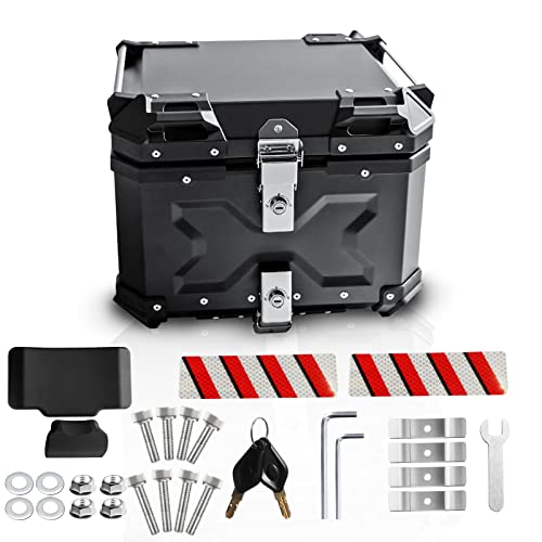 YESHMA 【改善品】 バイク リアボックス 45L バイク用 大容量 トップケース 原付 アルミ製 四角 バイク ボックス 汎用 着脱簡単 取り付けベース付き 防犯対策用 鍵2本 バックレスト付き ヘルメット 収納 ブラック