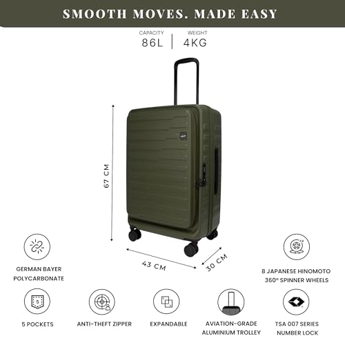 Image of F Gear Sedona Medium 65cm German Polycarbonate Hard Luggage|8 Japanese Hinomoto Silent Wheels |Expandable Check-in Front Opening Suitcase for Travel| Anti-Theft Zipper, TSA 007 Lock (Army Green)