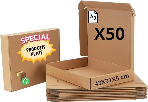 Lot de 50 Boîtes Postales Extra-Plates Format A3 | Dimension : 430x310x50 mm | Emballage, Stockage et Expédition Produits et Objets Plats (Cadre photo,...