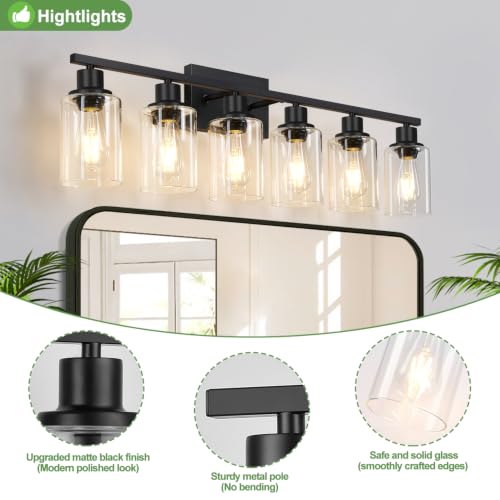 Image of Indoi 6-Light Bathroom Light Fixtures, Matte Black Modern Vanity Lights with Clear Glass Shades, Bathroom Wall Lamp for Mirror Living Room Cabinet Bedroom Porch