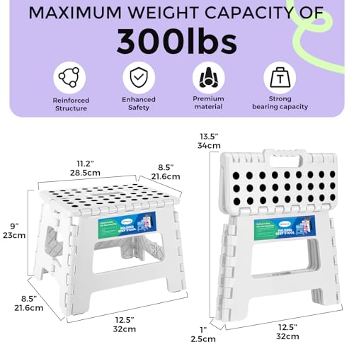 Image of Dyforce Folding Step Stool 9 Inch, Kids Step Stool, Heavy Duty Step Stools for Adults, Compact Foot Stools, Light-Weight Toddler Step Stools for Kitchen, Bathroom, Holds Up to 300 lbs (White)