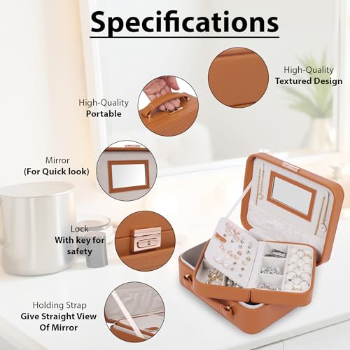 Image of BucketList PU Leather Jewellery Organizer Box with Mirror & Necklace Hooks | Large Multi-Compartment Storage Case with Removable Tray & Mini Travel Box (Luxury Jewelry Box with Mirror (Caramel))