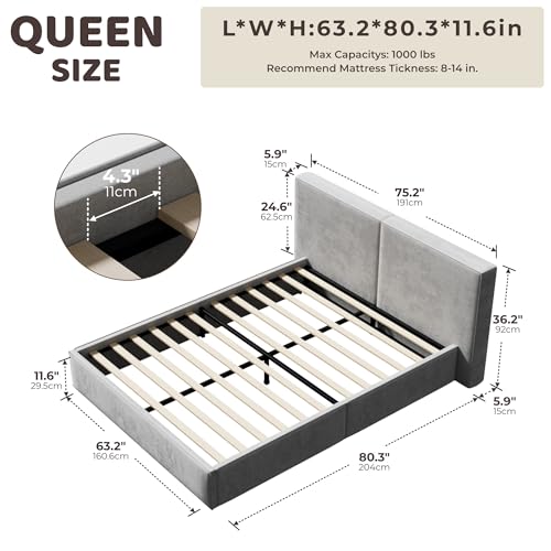 Image of RECCI Queen Platform Bed Frame with Plush Upholstered Headboard 6-Inch, Easy Assembly, Noise-Free Stability (Dove Gray, Queen (U.S. Standard))