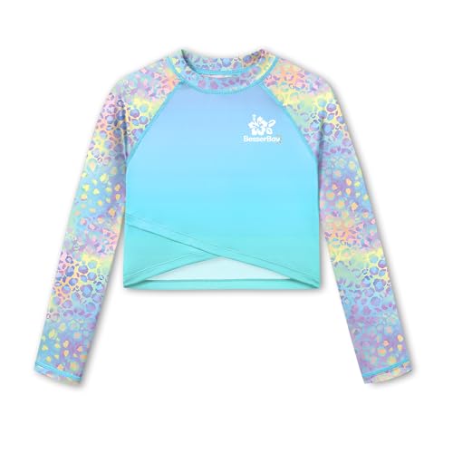 Image of BesserBay Girls Rash Guard UPF 50+ Long Sleeve Mock Neck Crossover Hem Swim Crop Top 4-14 Years