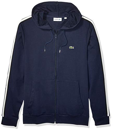 Lacoste Mens Long Sleeve Fleece With Stripe Sweatshirt Sweatshirt, Navy Blue, L