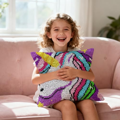Image of Howie's Latch Hook Kits, DIY Rainbow Unicorn Latch Hook Pillow Kit for Adults Crochet Yarn Kits, Color Preprinted Pattern Embroidery Sofa Cushion Cover (Rainbow Unicorn, 16.93 x 16.93 inch)