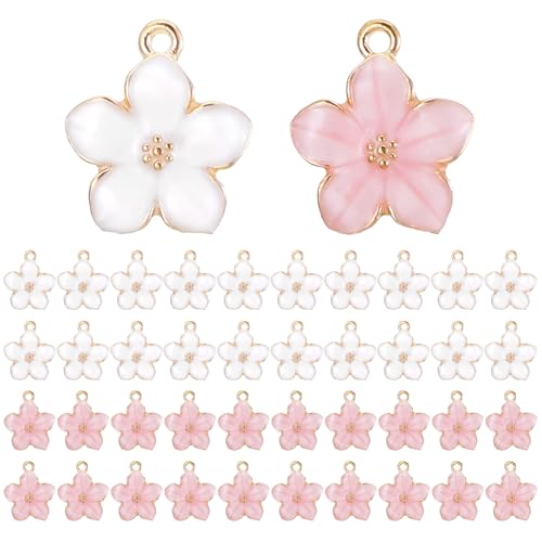 Hpmjz 40 Pcs Gold Plated Enamel Cherry Blossoms Decor Small Flower Enamel Charms Cute Alloy Flower Pendants for DIY Crafts Bracelet Necklace Earrings Jewelry Making Findings Purse Keychains Handmade