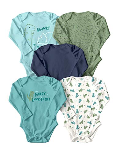 Wink & Blink Organic Baby 5 Pack Long Sleeve Bodysuits (Dino Explorer,12M)
