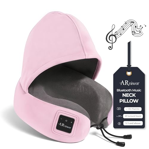 ARniwer Bluetooth Music Semicircular Neck Pillow with Hood Wireless Bluetooth Speaker Suitable Airplane,Car,Office,and Outdoor Camping for Sleeping, Resting The Best Travel Essentials. (Pink)