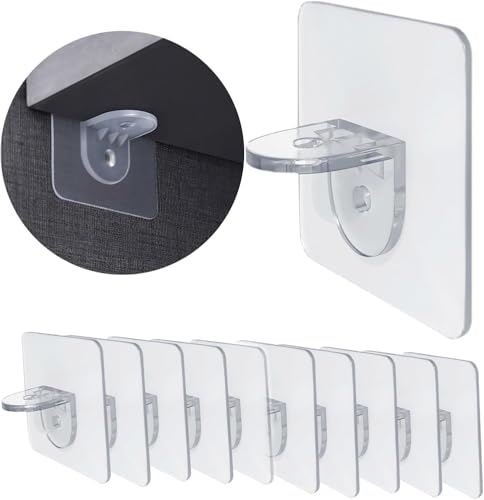 Image of 10 Pack Self Adhesive Magic Sticker Transparent Panel Support Hooks Strong No Drill Shelf Holder Nail Free Cabinet Bookshelf Support Hooks for Bathroom Kitchen Tissue Towel Organizer