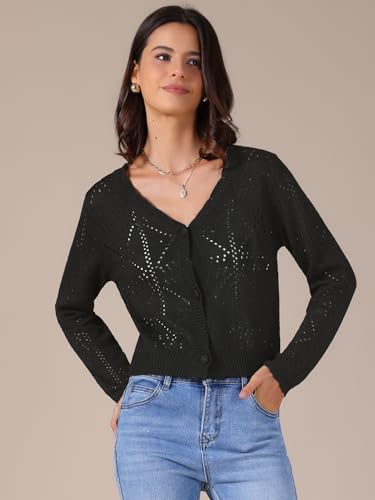 Allegra K Women's Casual Cropped Cardigan Long Sleeve Lightweight Button Up Crochet Knit Sweater Shrug3