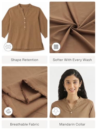 Image of SAADAA Women Short Kurti Airy Linen Regular Fit Kurta with 3 /4th Sleeves, Mandarin Collar, Side Slit Perfect for Casual, Formal, and Ethnic Wear
