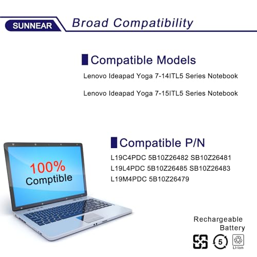 Image of 71Wh L19C4PDC L19L4PDC L19M4PDC Laptop Battery Compatible with Lenovo Ideapad Yoga 7-14ITL5 7-15ITL5 Series 5B10Z26482 5B10Z26485 5B10Z26479 SB10Z26481 15.36V 4675mAh