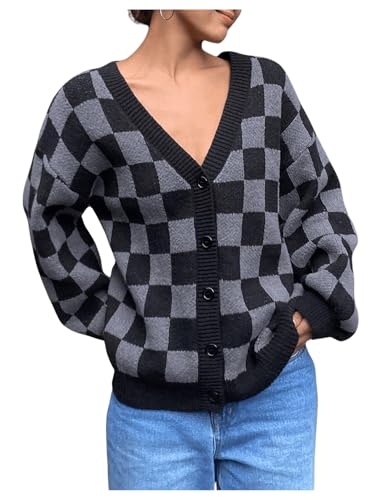 SOLY HUX Women's Checkered Button Down Cardigan Sweater V Neck Long Sleeve Loose Outerwear