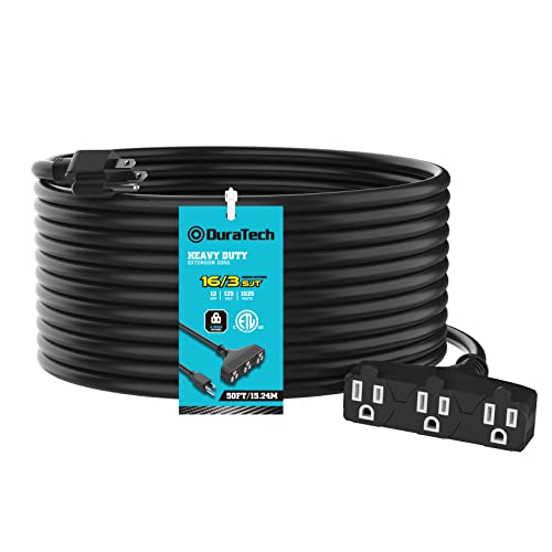 DuraTech Extension Cord 50 ft, Outdoor Extension Cord with Multiple Outlets, 16/3 SJTW, 13 Amps, 3 Prong Plug, Heavy Duty Extension Cord Power Strip, Black