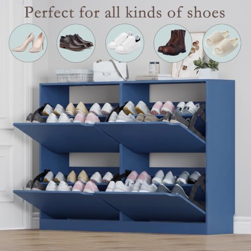 Image of BORNOON Shoe Cabinet with 4 Flip Drawers, Narrow Hidden Shoe Storage Cabinet, Slim Freestanding Shoe Rack Organizer for Entryway, Hallway, Bedroom, Living Room