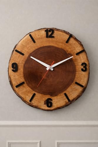 Image of Wall Clock | Handcrafted Sheesham Wooden Wall Clock with Silent Sweep Quartz Movement - Solid Wood Wall Clock for Living Room, Office & Home Decor (Rustic Design) (Black)