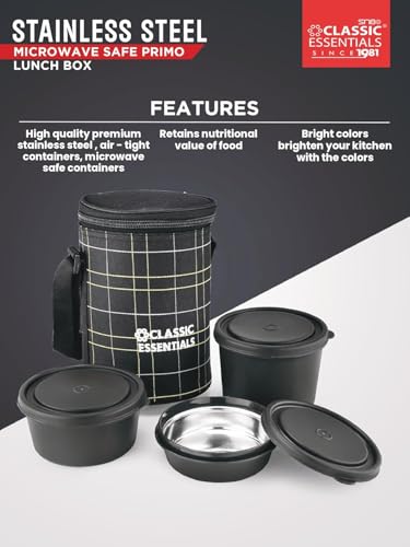 Image of CLASSIC ESSENTIALS Lunch Box, Microwave Safe & Leak Proof, 3 Inside Steel Containers with BPA Free Lids (250ml, 400ml & 600ml), Insulated Fabric Bag (Black)