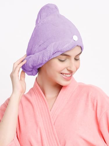 Image of Cortina Microfiber 380 TC Hair Towel Cap,Soft Absorbent Quick Drying Cap for Curly Thick Hair,Wrap Cap for Women Girls-Pack of 1,Purple