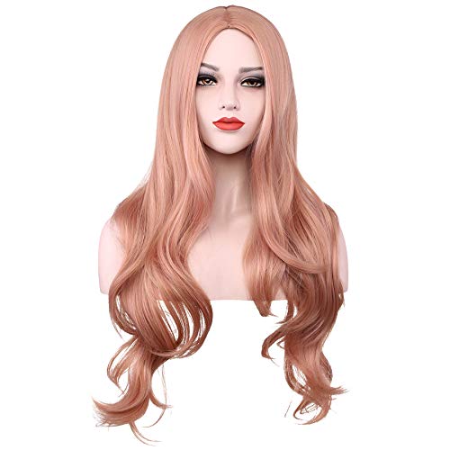 Long Pink Wigs Women Curls Wavy Cosplay Wig Natural Synthetic Hair Wig For Girls Ladies With Wig Cap 26"(Rose gold))