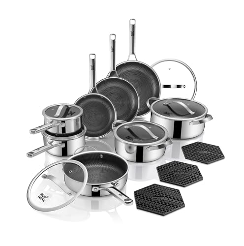 Comparison: Best Triply Cookware Set 4 Pots and Pans Set Hybrid Stainless Steel, 17PC Nonstick Tri-Ply Cookware Set w/Frying pan, Dishwasher & Oven Safe, PFOA-Free, Metal Utensil Safe, Suitable for All Cooktops