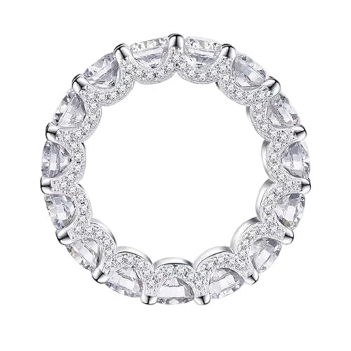 Full Star River Cubic Zirconia Ring, 925 Sterling Silver Eternity Stackable Engagement Ring, Platinum-Plated Silver Bezel Halo set Chunky Eternity Band, Anniversary Band