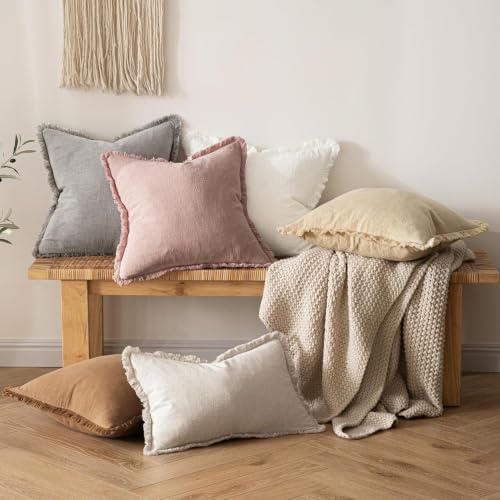 Image of MIULEE Boho Linen Fringe Decorative Lumbar Throw Pillow Covers Pink 12x20