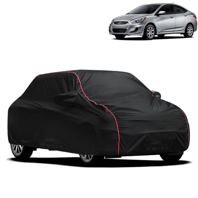 Image of Waterproof Car Cover for Hyundai Fluidic Verna 4S | All-Weather Protection, Dustproof & UV Resistant | Triple Stitched Mirror Pockets, Windproof Buckle Strap with Elastic Hem, Black-Red Piping