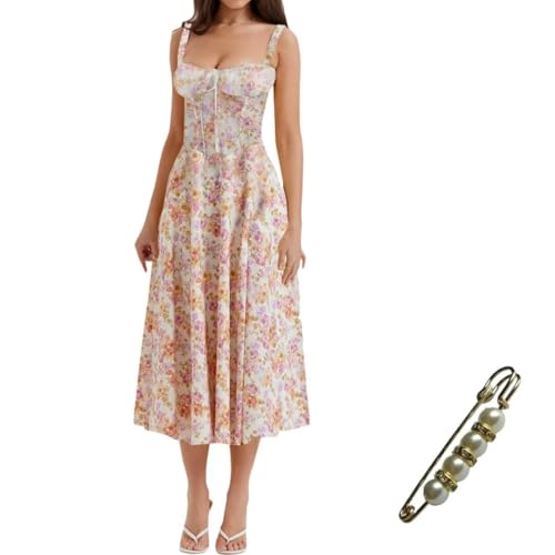 Image of Floral Corset Midi Dress Square Neck A Line Dress with Slit | Square neck floral midi dress with front tie bust wide straps A-line skirt side slit and lightweight fabric