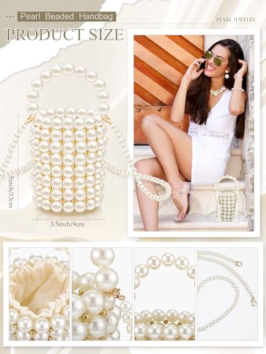 Jewelry Set for Women Pearl Beaded Purse with Chain Large Faux Pearl Necklace Dangle Earrings Choker Bracelet Set for Wedding Costume Accessories Birthday Tea Party Valentine Holiday Gift3