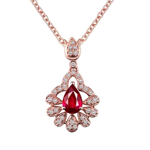 Homxi Collar de Oro Rosa 18 Kilates Mujer,Colgantes Flor Hueca y Pera con 0.56ct Rubí Creado y 0.14ct Diamante Colgantes Mujer Oro Rosa