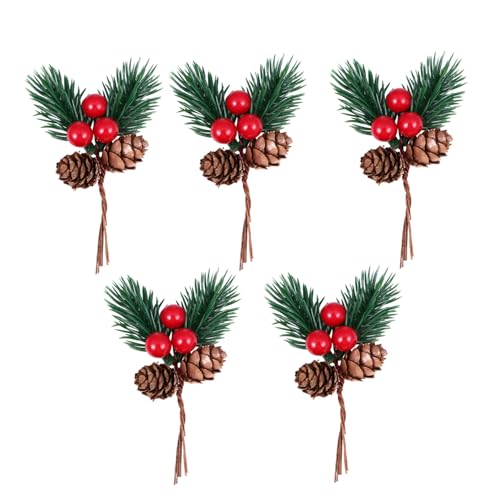 HAMPPLIES 5 Pezzi Fusti di Pino Artificiali con Pigne e Bacche per Decorazioni Natalizie Accessori DIY per Albero di Natale Centrotavola e Composizioni Festive Materiale Resistente e