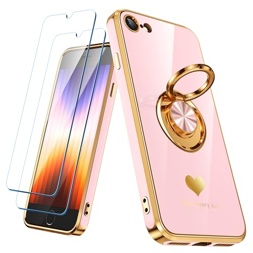 Nonional Compatible for iPhone SE/8/7 Case with 2 Pack Screen Protector, 360° Rotatable Ring Holder [Luxury Hearts Pattern] Plating Gold Edge Slim Soft Phone Case for iPhone SE/8/7 - Girl Pink