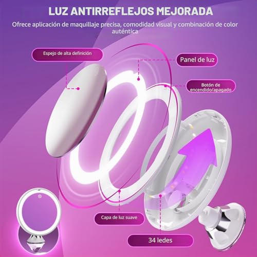 Miniatura 4 de Auxmir Espejo Maquillaje Con Luz Led, Aumento 30x Con Ventosa Fuerte, Brillo Regulable, Giratorio 360 , Portátil Para Pared, Baño, Viaje, Depilación Y Cejas, Blanco, Redondo