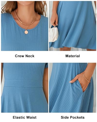 Image of Newshows Womens 2025 Summer Dresses Short Sleeve Ribbed Knit A-Line Swing Beach Vacation Outfits Casual Sundress with Pockets