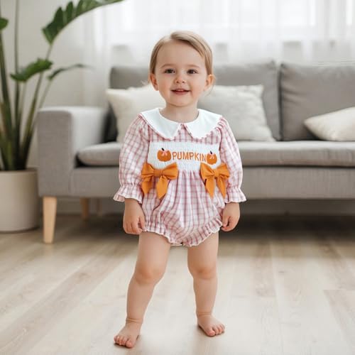Baby Girl Halloween Outfit Pumpkin Long Sleeve Bubble Romper Bow Plaid Smocked Bodysuit Cute Newborn Fall Clothes2