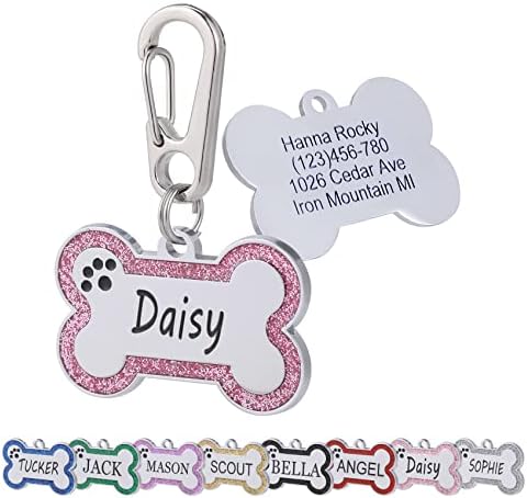 Aimeng Personalized Stainless Steel Pet ID Tags with Glittery Bone Design - DEEP Engraved Dog Tags Engraved for Pets Customized with 5 Lines Dogs and Cats Pets Gift (Large, Pink)