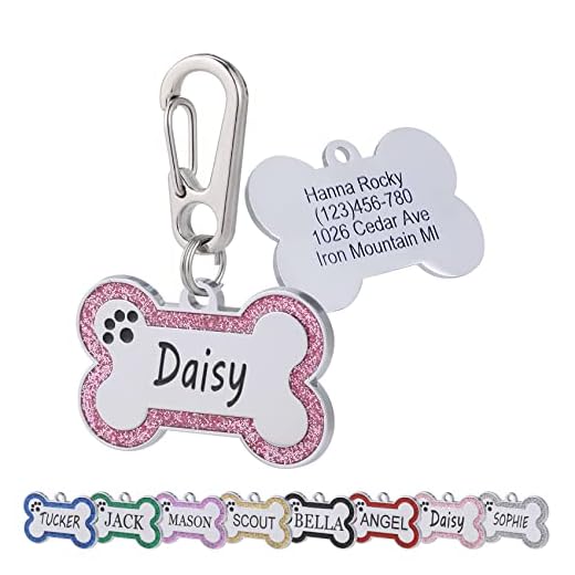 Aimeng Personalized Stainless Steel Pet ID Tags with Glittery Bone Design - DEEP Engraved Dog Tags Engraved for Pets Customized with 5 Lines Dogs and Cats Pets Gift (Small, Pink)