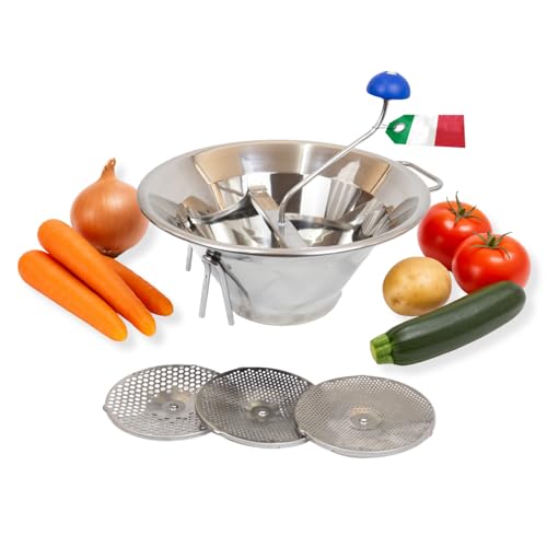 MOHOME Passaverdure Manuale Acciaio Inox 18/10 Made in Italy Diametro 33 cm Passapomodoro Schiaccia Verdure 3 Filtri Interscambiabili Passatutto Professionale Maniglia Ganci Verdure Frutta Salse