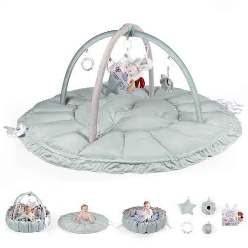 Image of Rinnebbit Baby Play Gym Mat, Thick Padded 50" x 50" Large 6-in-1 Cozy Tummy-Time Playmat with 5 Toys, Sensory Motor Skill Development Gift, Machine Washable Activity Floor Mat for Newborn (Green+Gray)